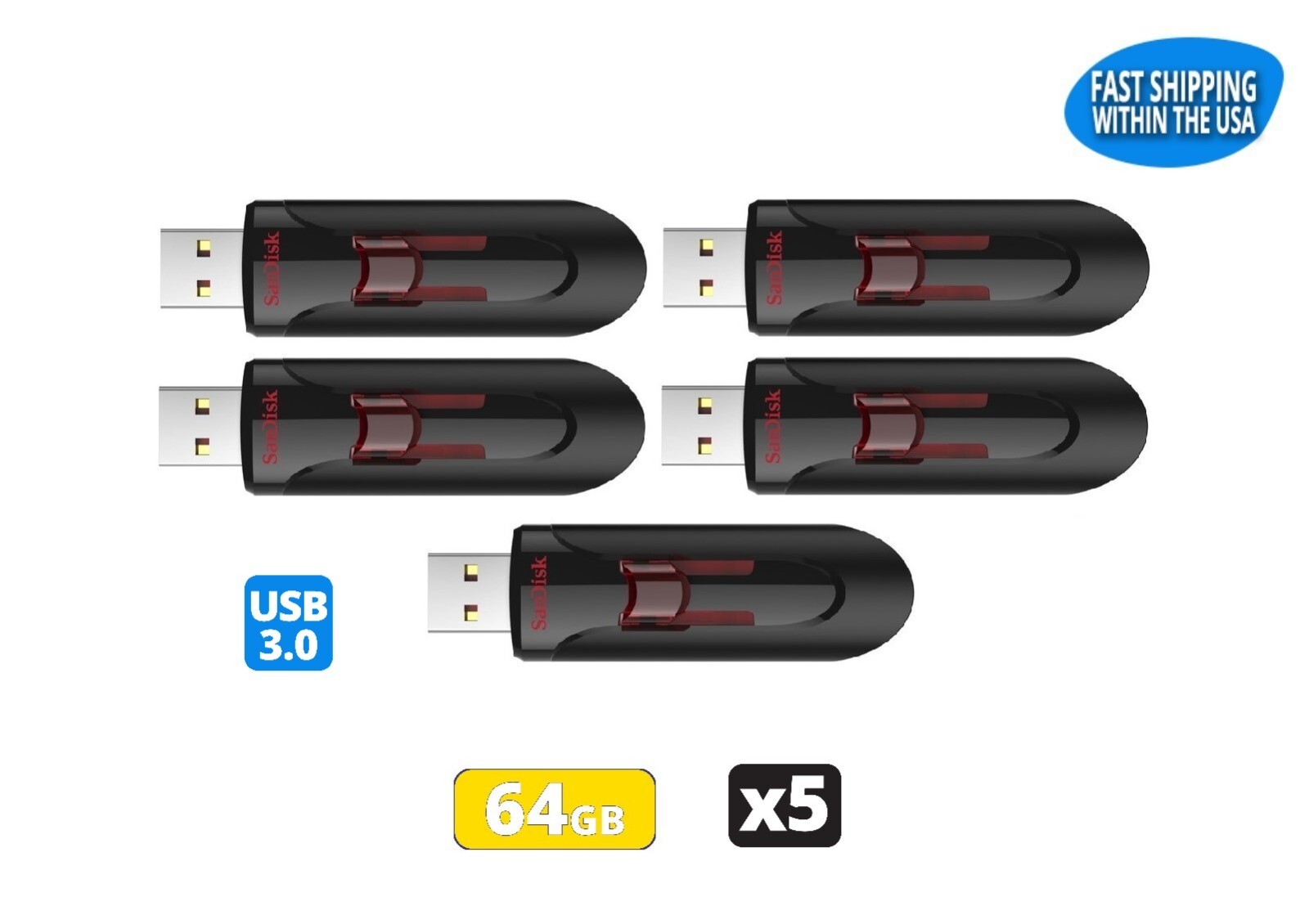 Sandisk Cruzer Glide 64GB 3.0 Flash Drive USB Thumb Drive (Pack of 5)