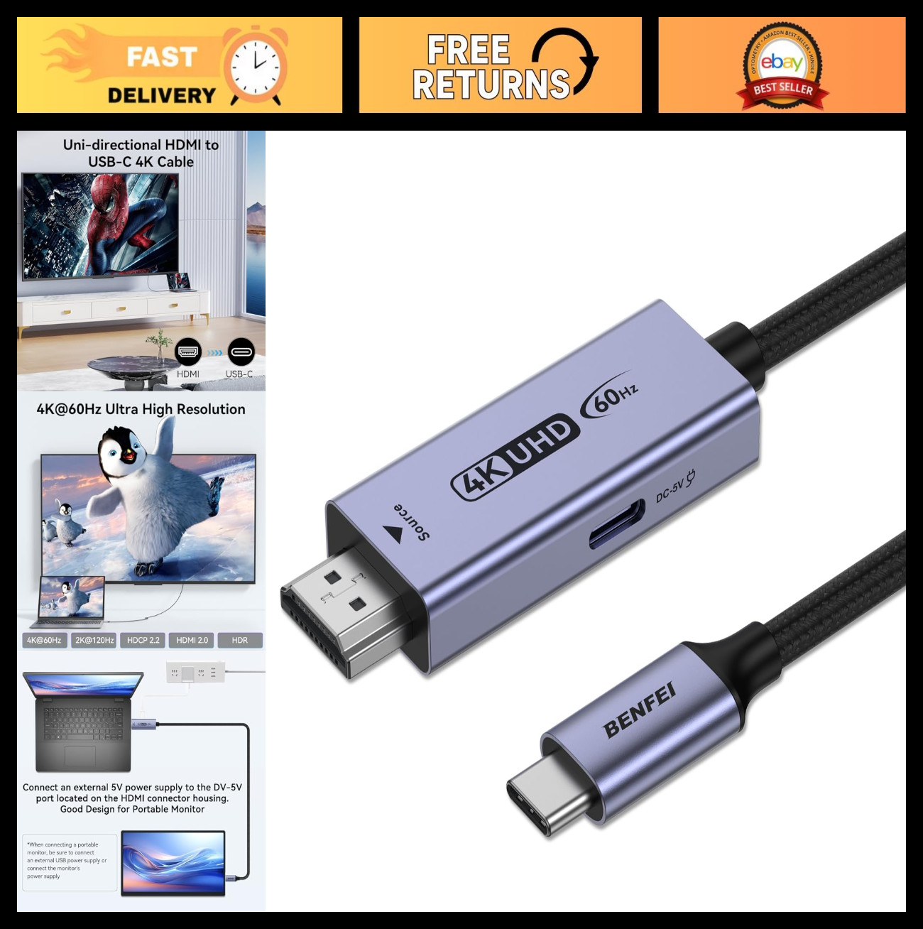 BENFEI HDMI to USB C Cable 6 feet 4K@60Hz, Unidirectional HDMI (Source) to