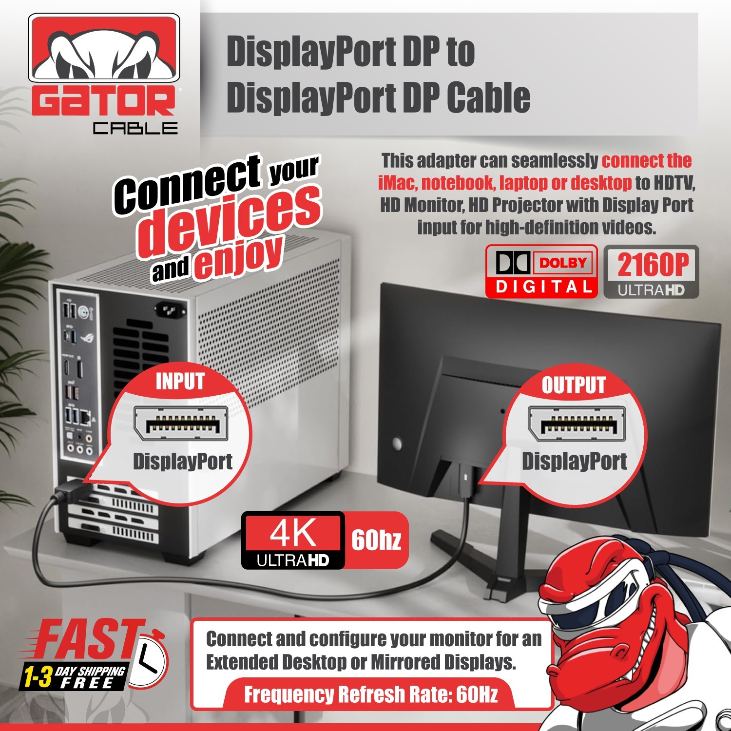 DisplayPort To DisplayPort Cable Male to Male 4K 60Hz Audio Video Display 6FT