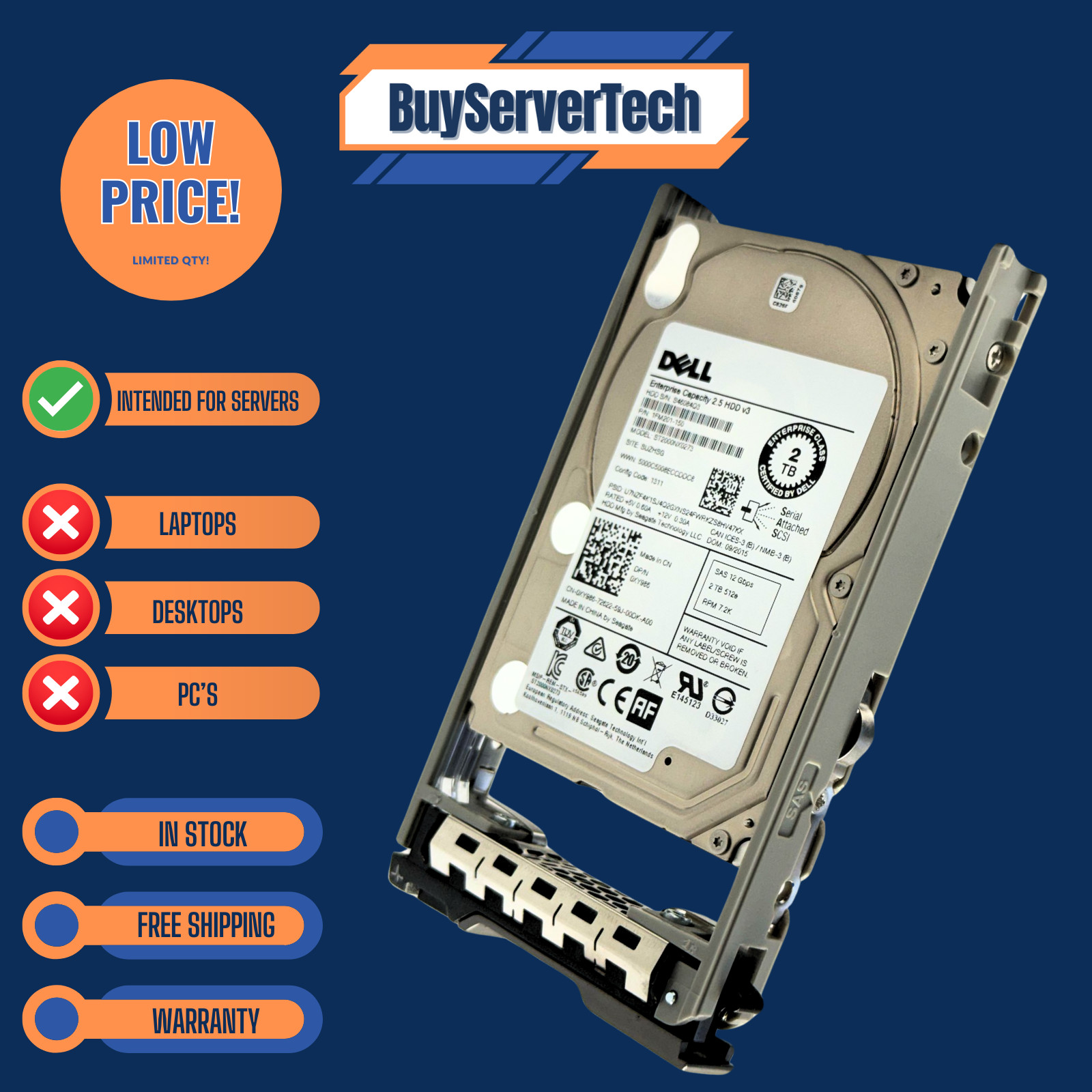 Dell XY986 2TB 7.2K 12Gb/s 2.5″ SAS HDD ST2000NX0273 128MB ENT Server Drive Tray