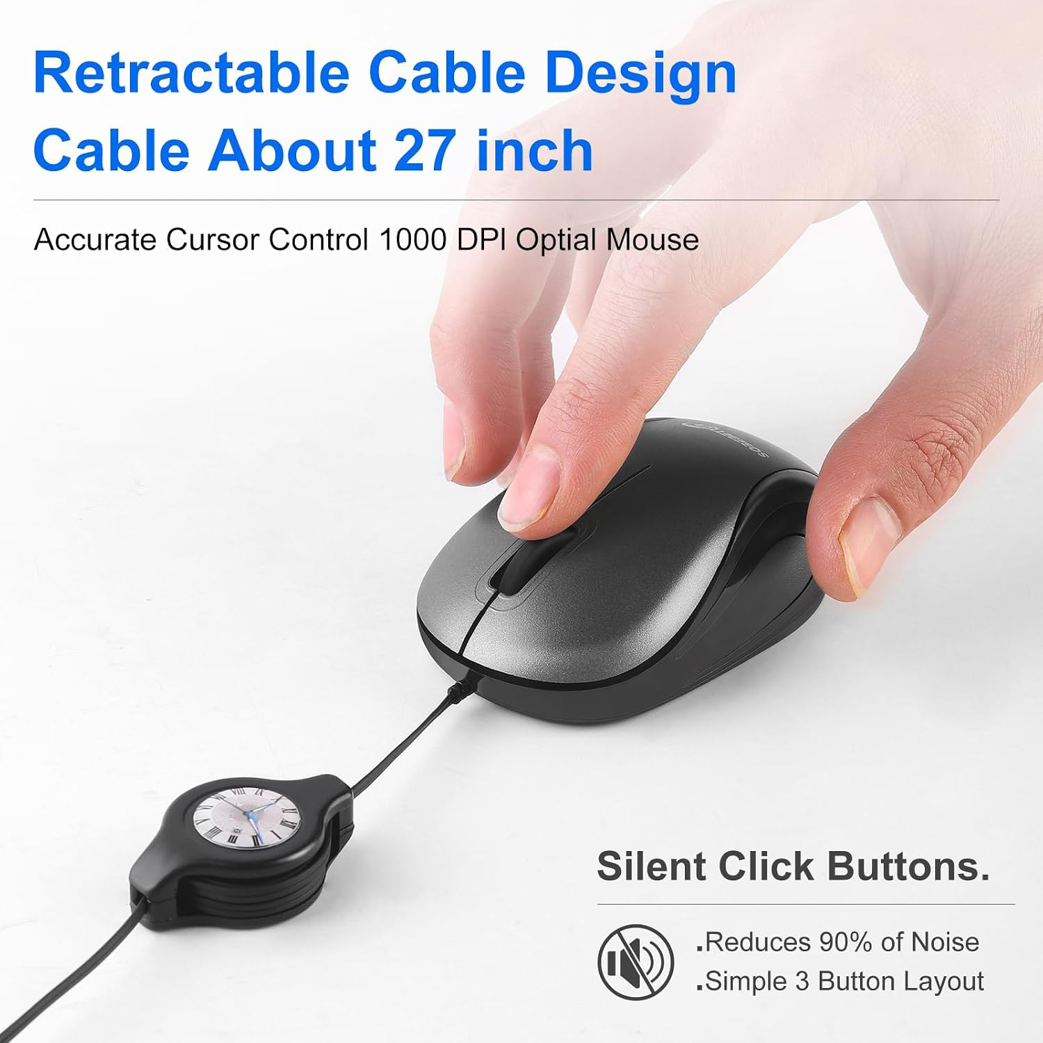 USB Wired Mini Mouse,Small Travel Mice Corded with Retractable Cable-Gray