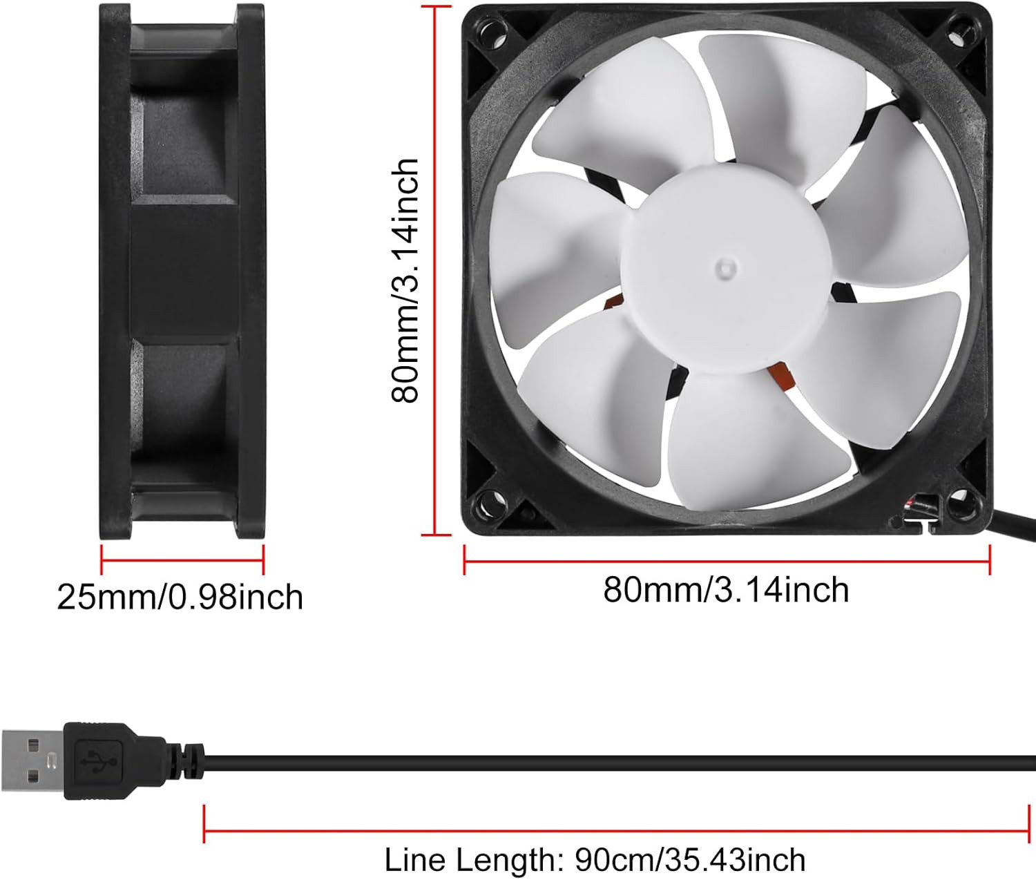 2Pcs 80Mm/3.15Inch DC 5V Computer Case Fan 80X80X25Mm USB 8025 Blue LED Power Co