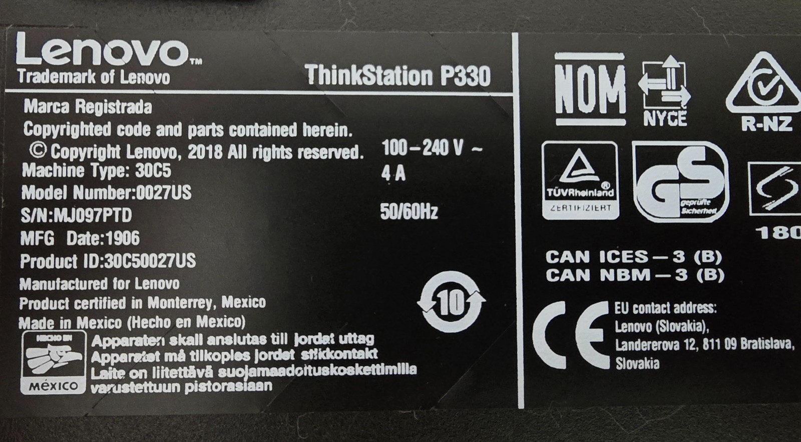 Lenovo ThinkStation P330 Workstation – Untested No HDD