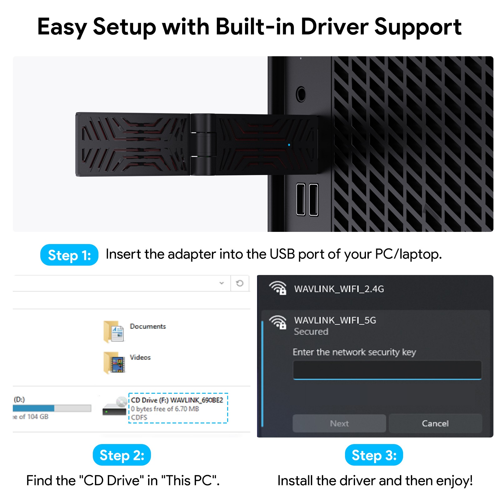 USB 3.0 WiFi Adapter for Desktop PC Wireless WiFi 7 WiFi 6E Tri-Band Dongle