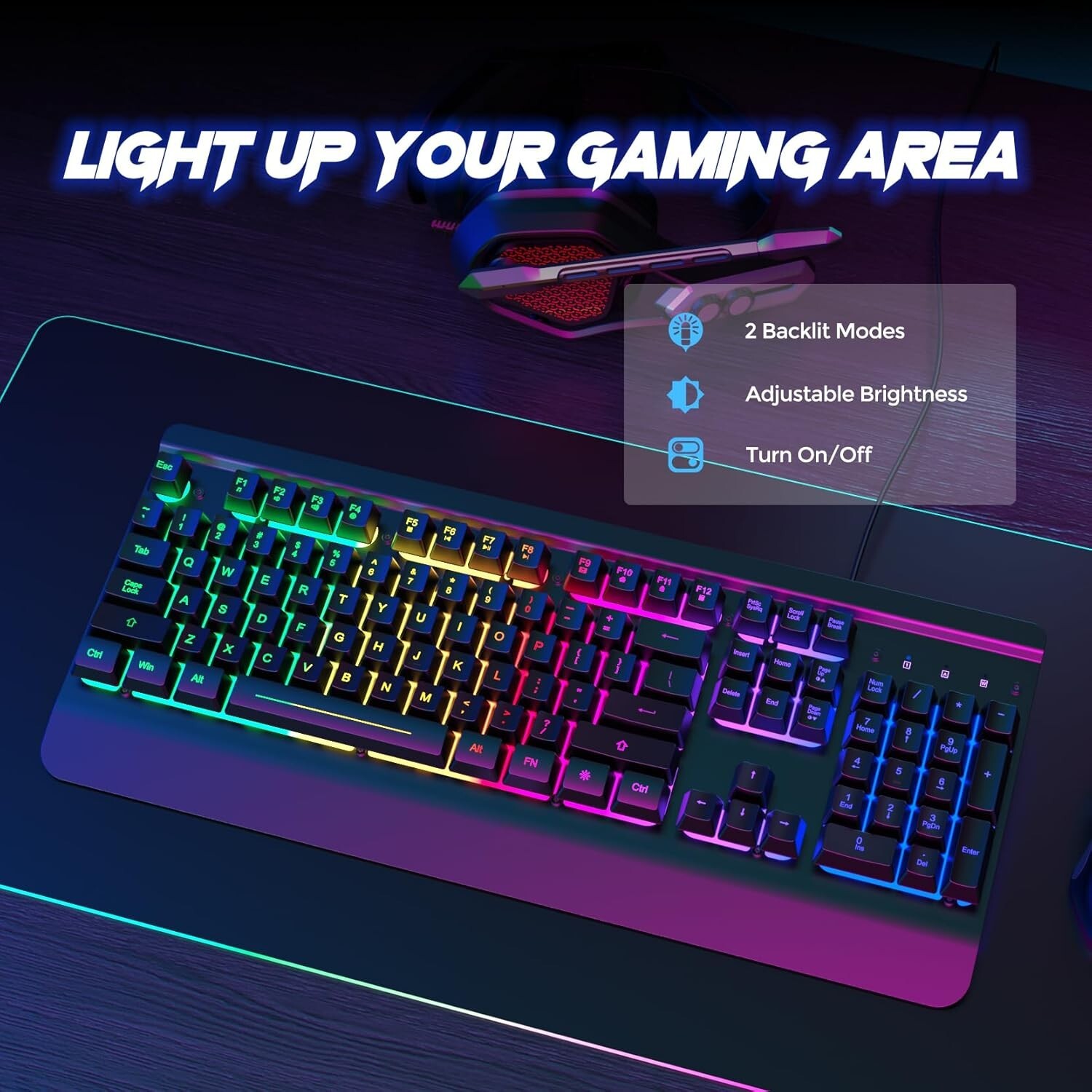 Large Print Backlit Keyboard, Wired USB Lighted Computer Keyboard with 7-Color