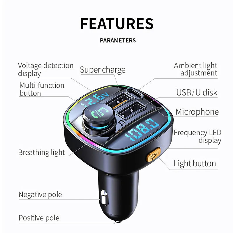 Bluetooth 5.0 Car Wireless FM Transmitter Adapter USB PD Charger AUX Hands LOT
