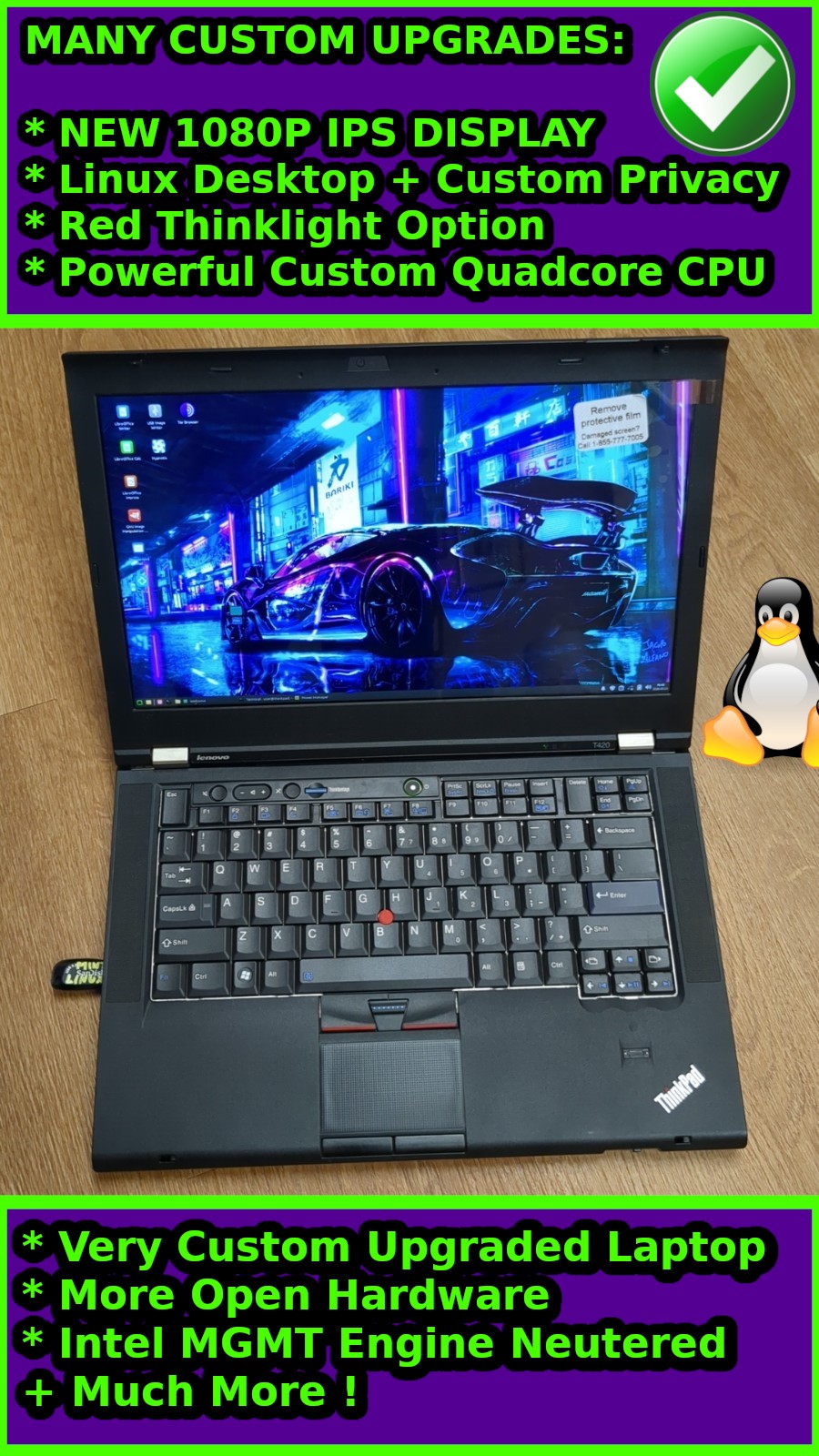 ⭐CUSTOM UPGRADES: Thinkpad T420 +i7-3740QM+IPS 1080P +16GB RAM +coreboot +SSD