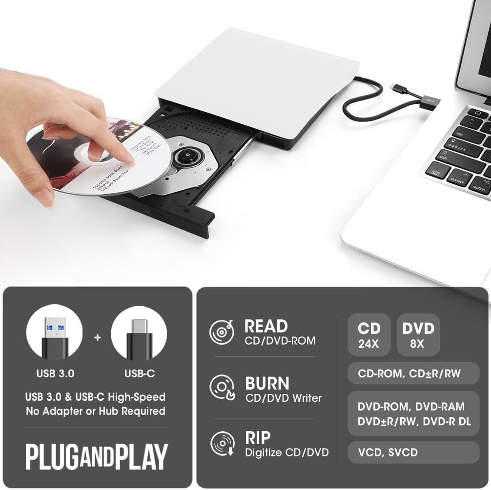 Slim External CD DVD Drive USB 3.0 Disc Player Burner Writer For Laptop PC Mac