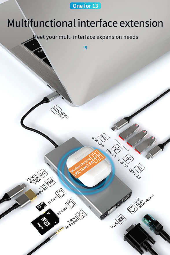 13in1 USB C Multiport Adapter Hub MacBook Pro Air HDMI 4K 3.0 Wireless Charger