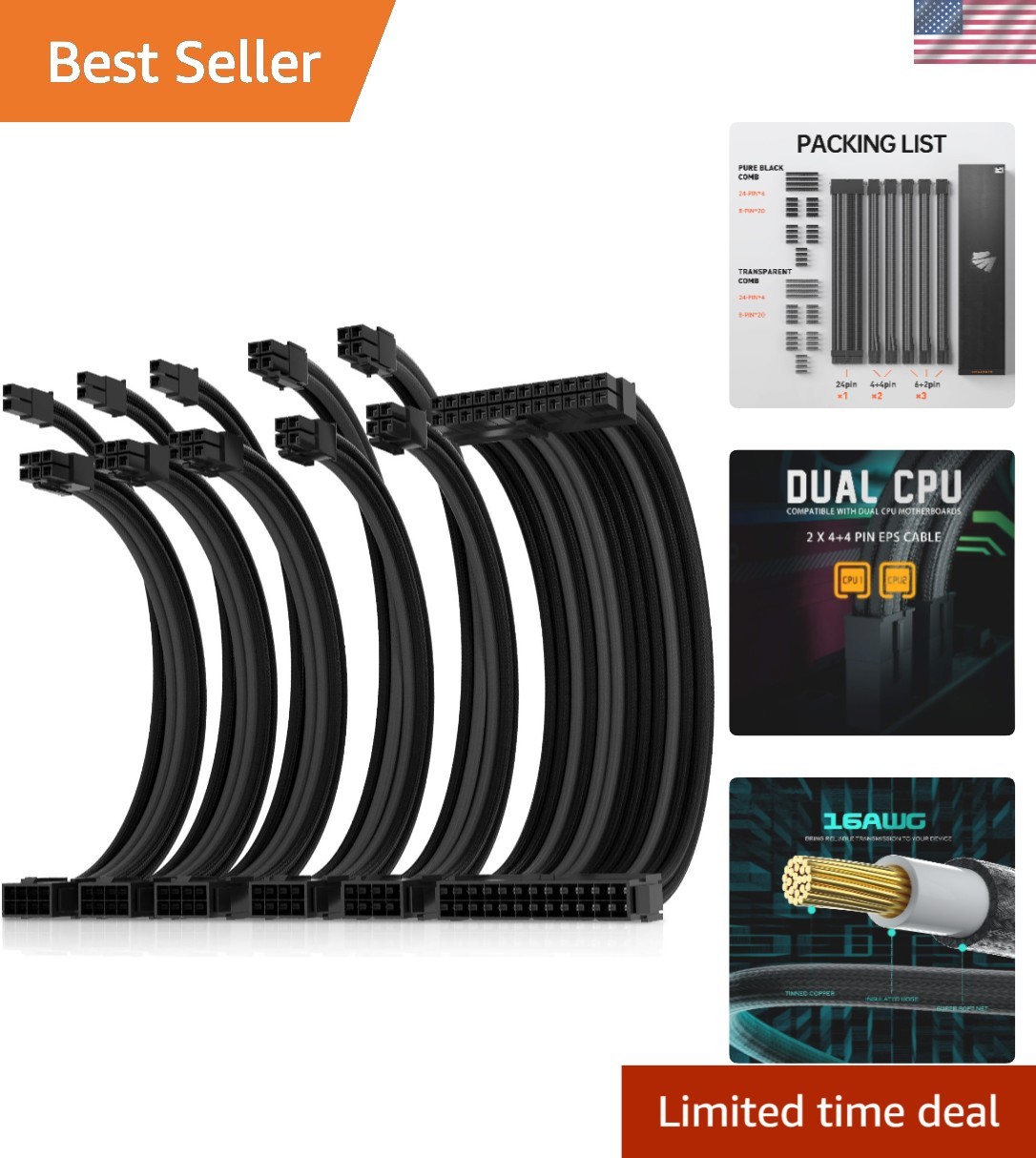 Versatile 30cm Power Supply Extension with 1×24-Pin ATX & Dual 8-Pin EPS