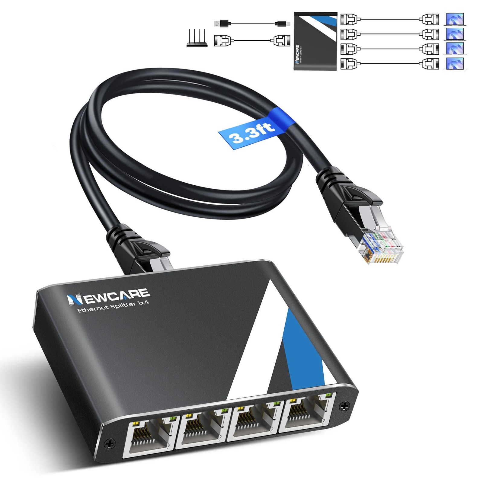 Gigabit Ethernet Splitter 1 to 4 with 3.3ft LAN Cable, 1000Mbps High Speed 1 …