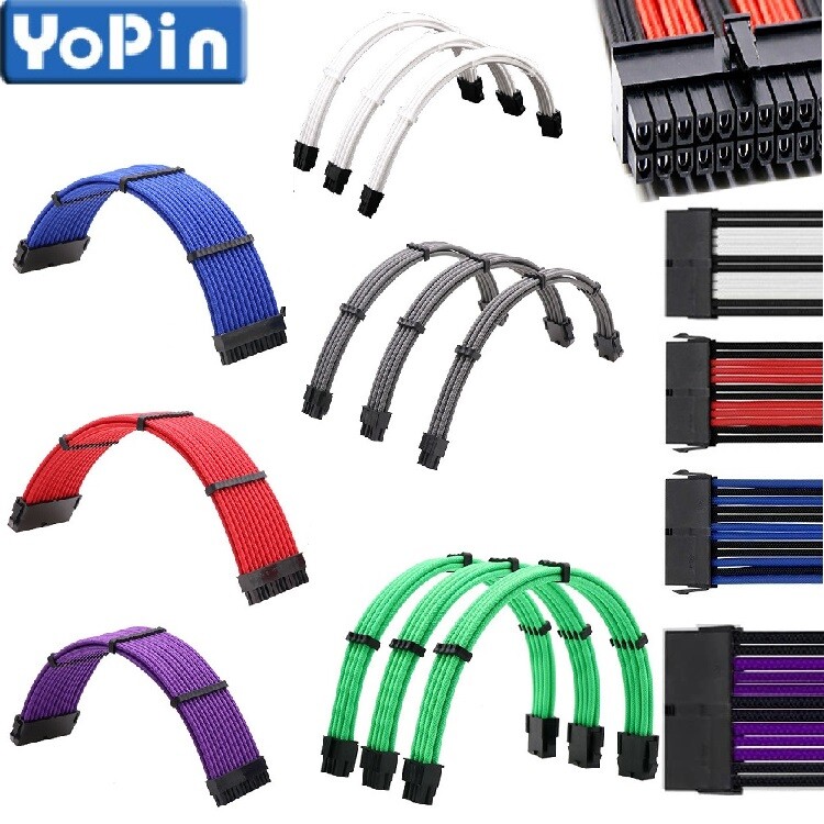 Braided ATX Sleeved Extension Cable for Power Supply 24Pin 6Pin 8Pin 4+4Pin Lot