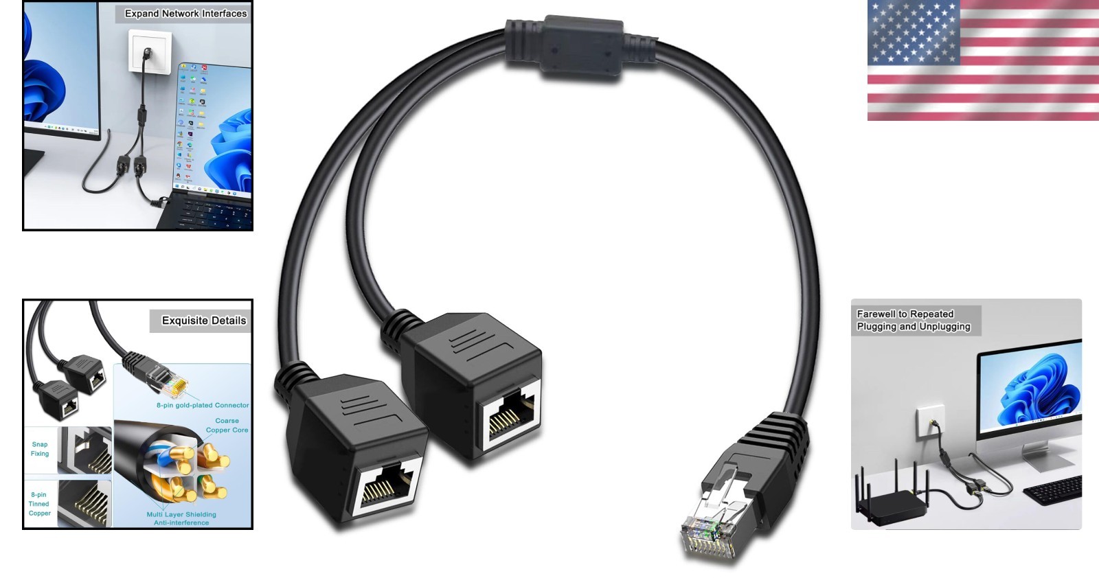 Reliable RJ45 Ethernet Splitter 1 Male to 2 Female for High-Speed Connection