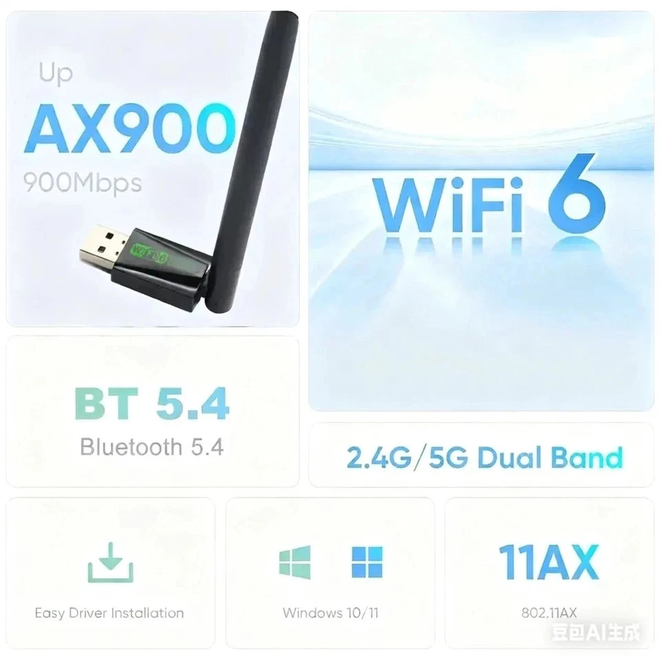 AX900 WiFi 6 USB Adapter Bluetooth 5.4 Dual‑Band 2.4/5 GHz 2in1 Dongle Win10/11