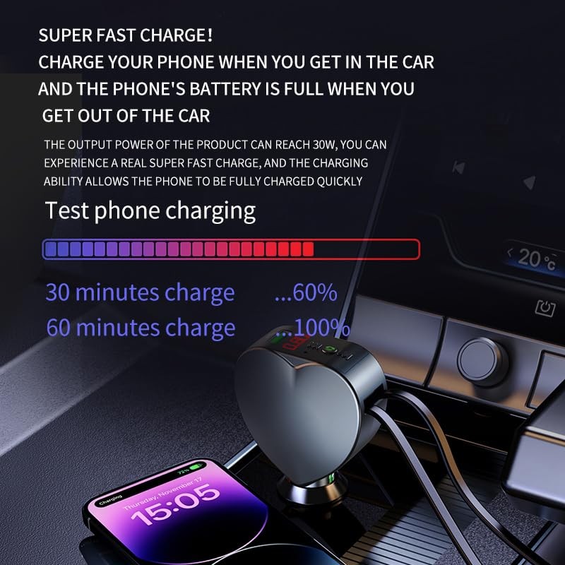  Bluetooth 5.3 Car Adapter with Retractable Fast Charger, FM Transmitter Rad…