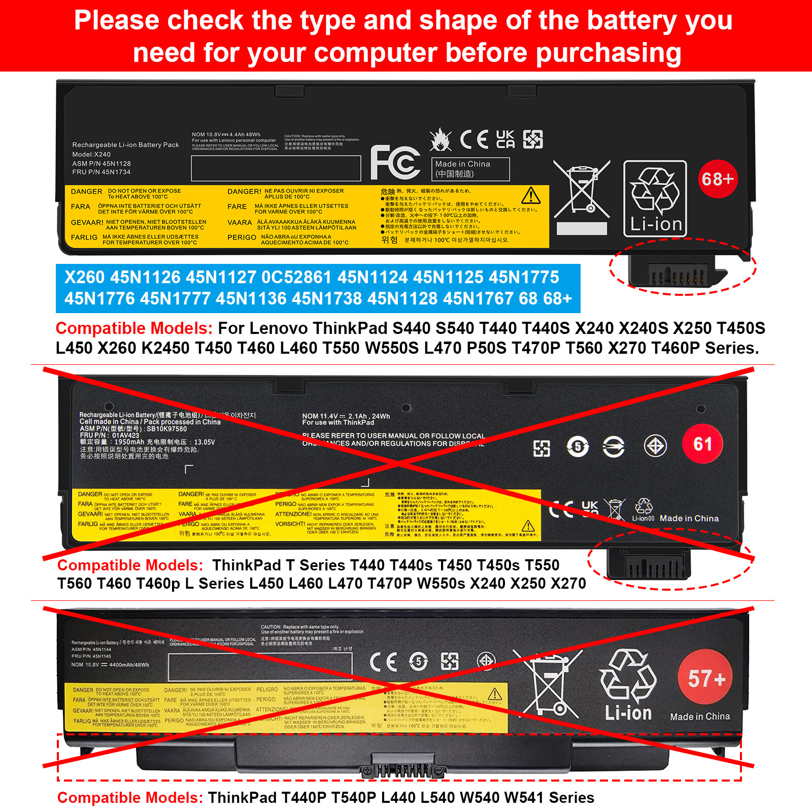 For Lenovo Thinkpad T440 T450 T450S T460 L450 L460 W550s X240 X260 Battery 68+