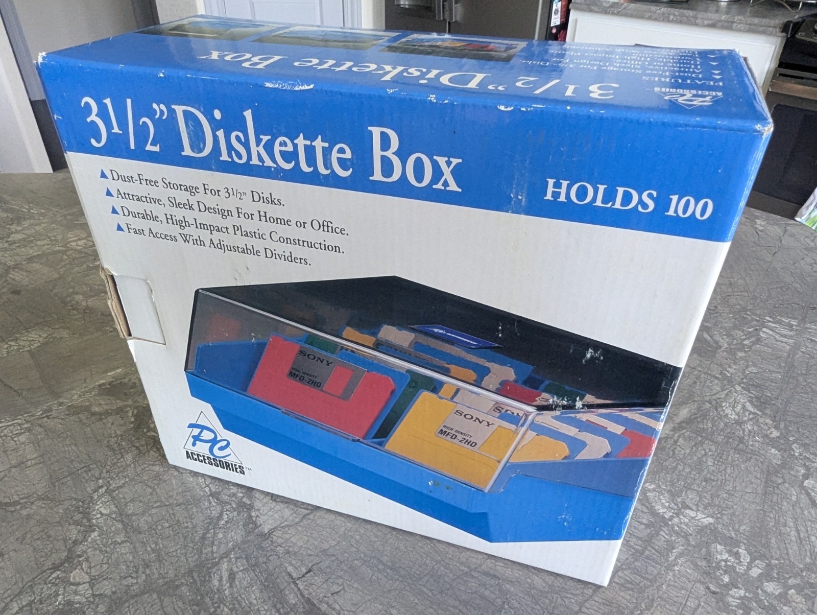 PC Accessories 3.5″ Diskette Floppy Disks Storage Box Blue 100 Capacity w/Box