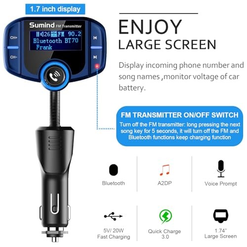 2026 Upgraded Wirelesstooth Car Adapter FM Transmitter, 1.7” LCD Blue PD