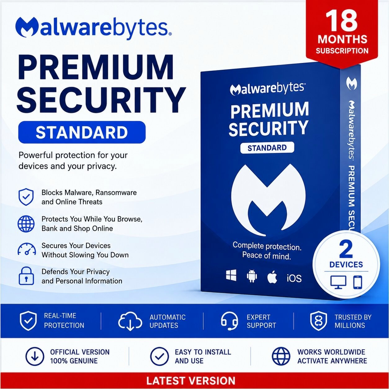Malwarebytes Standard Premium Security 18 Months 2 Devices Activation Card