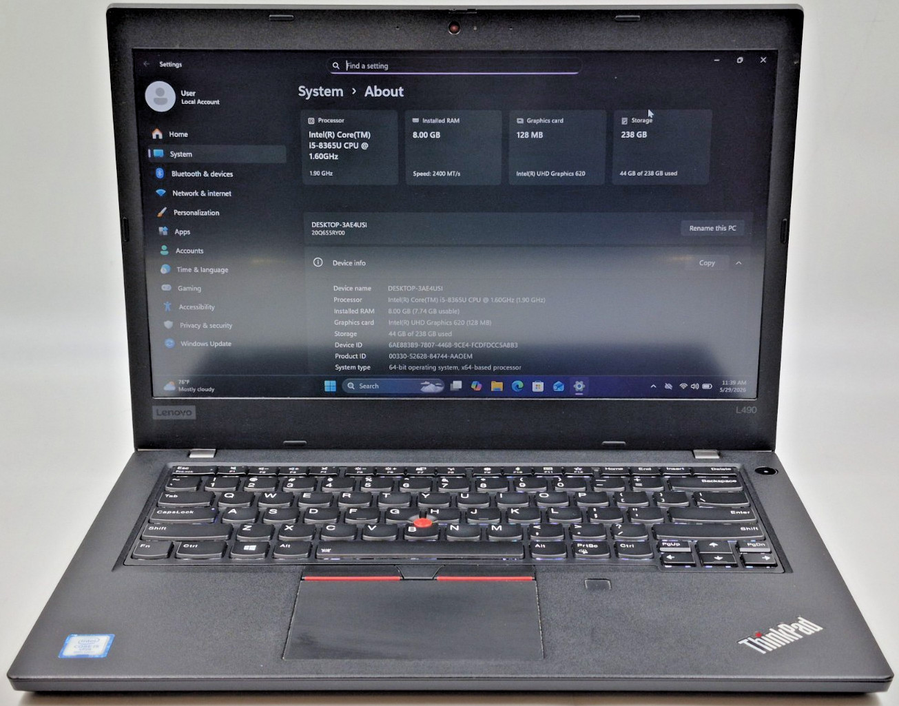 Lenovo ThinkPad L490 Laptop i5-8365U 1.60GHz 8GB RAM 256GB NVMe Win 11 Pro