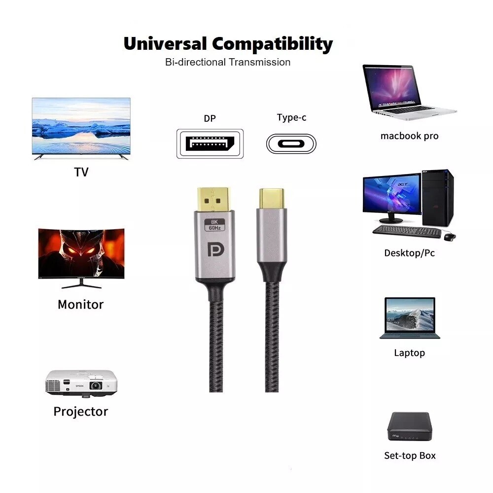 6FT 8K DisplayPort 1.4 M to USB TYPE C M Cable (Bi-directional) 8K@60Hz