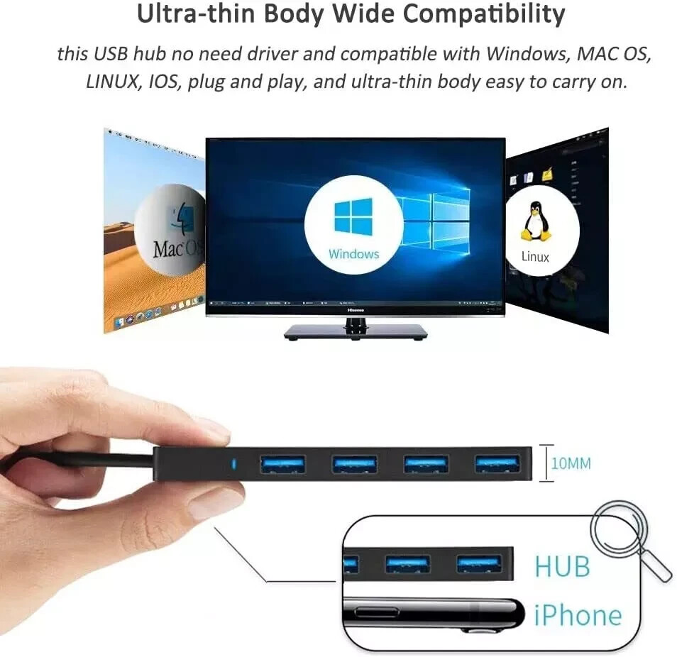 USB 3.0 Hub 4-Port USB Hub USB Splitter USB Expander for Laptops Flash Drive HDD