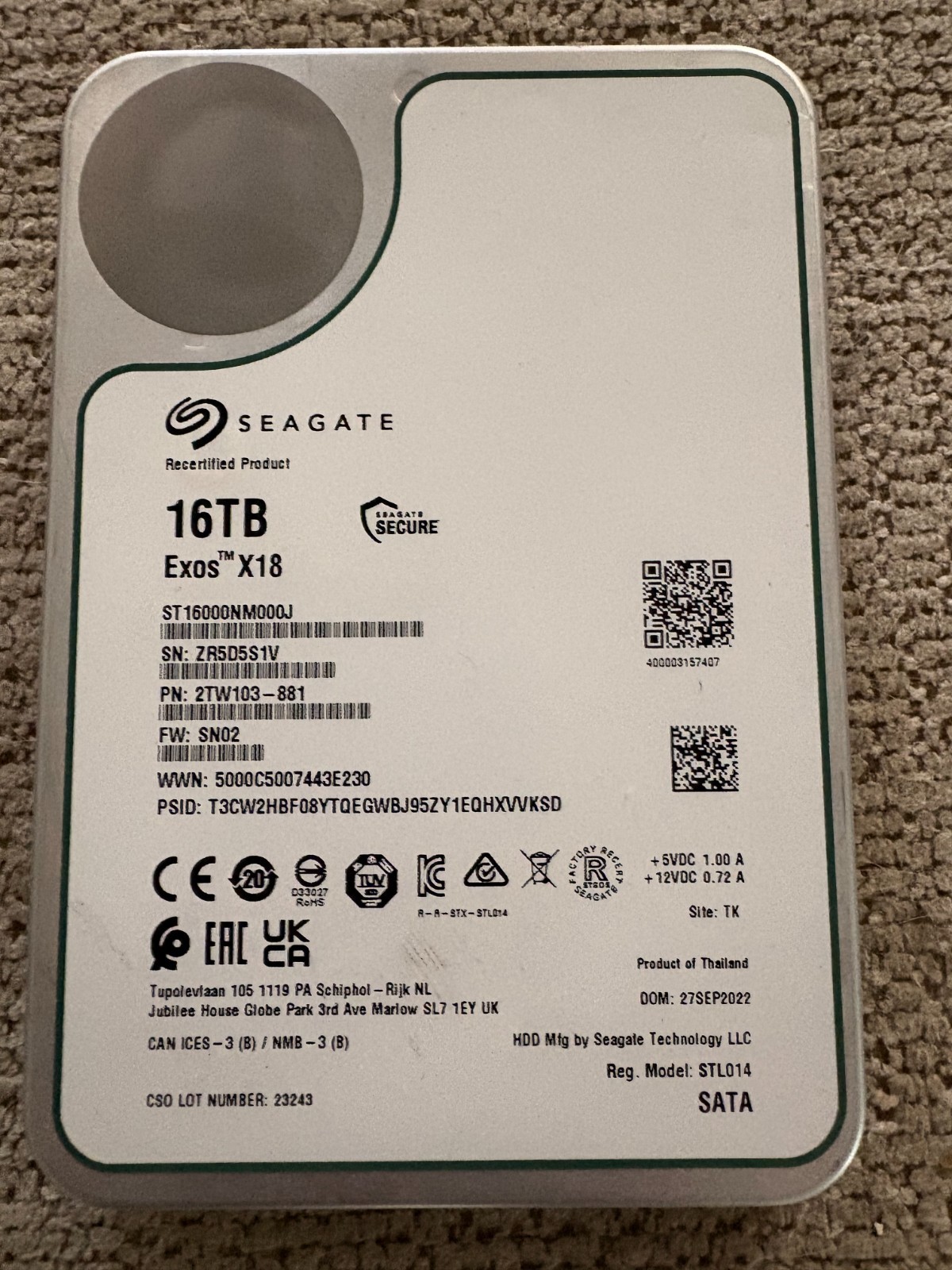 SEAGATE EXOS X18 16TB 7200 RPM SATA 6Gb/s 256MB 3.5” (ST16000NM000J)