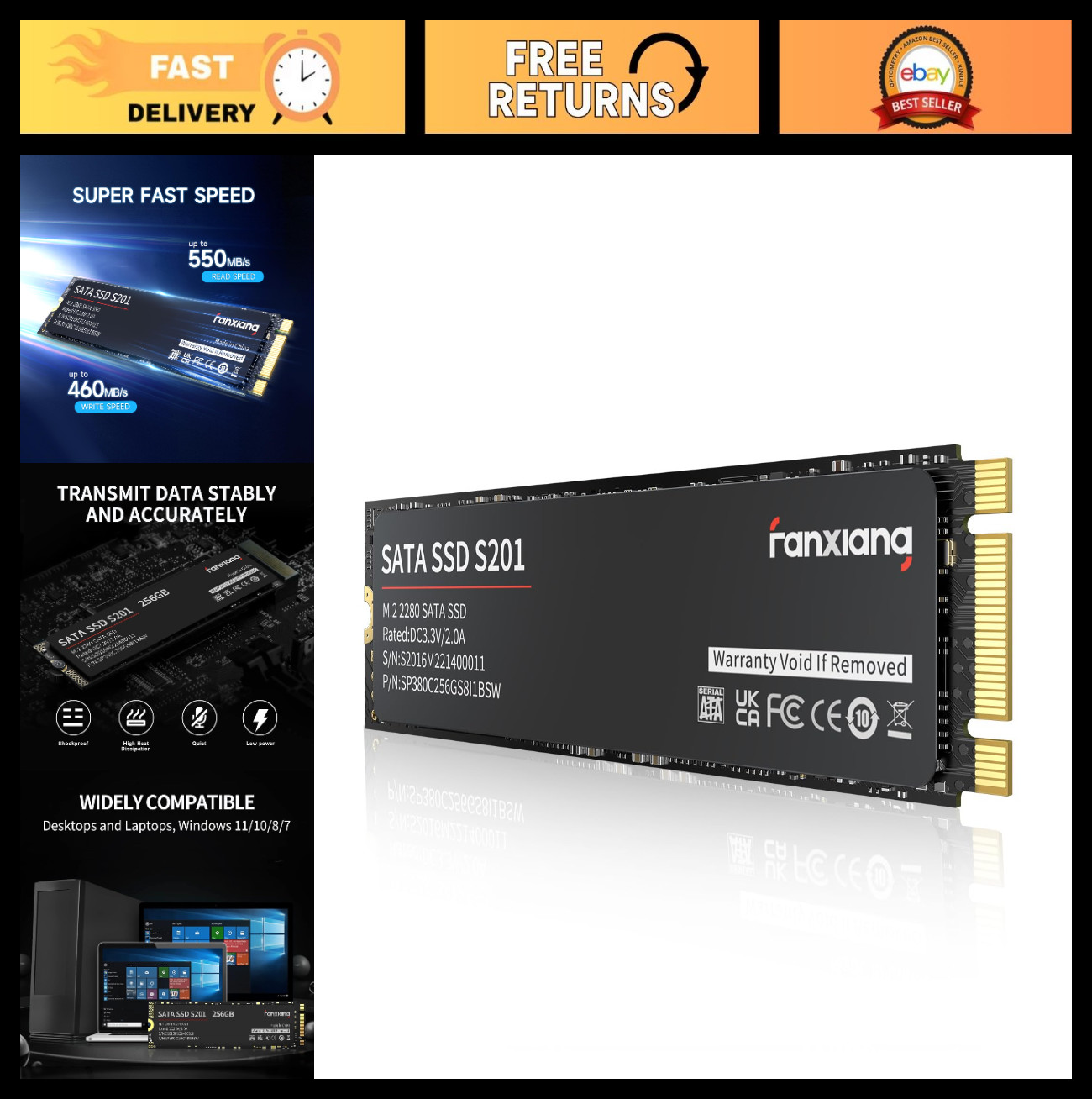 256GB M.2 SATA III SSD 2280 Internal Solid State Drive, 550MB/s Read Speed, 3D N