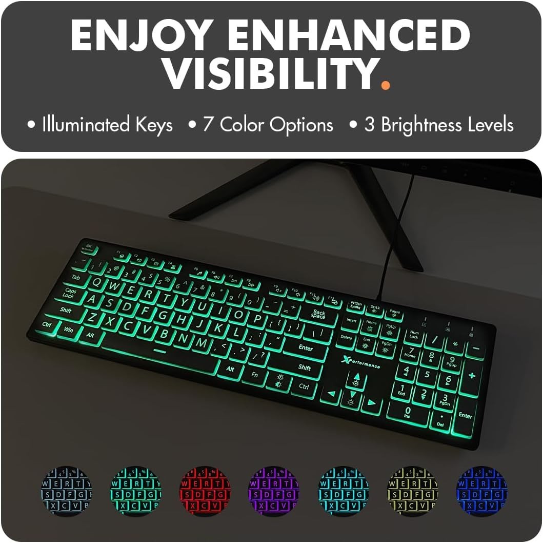 Wired Large Print Backlit Keyboard for PC – Perfect Visibility with 7 RGB Colors