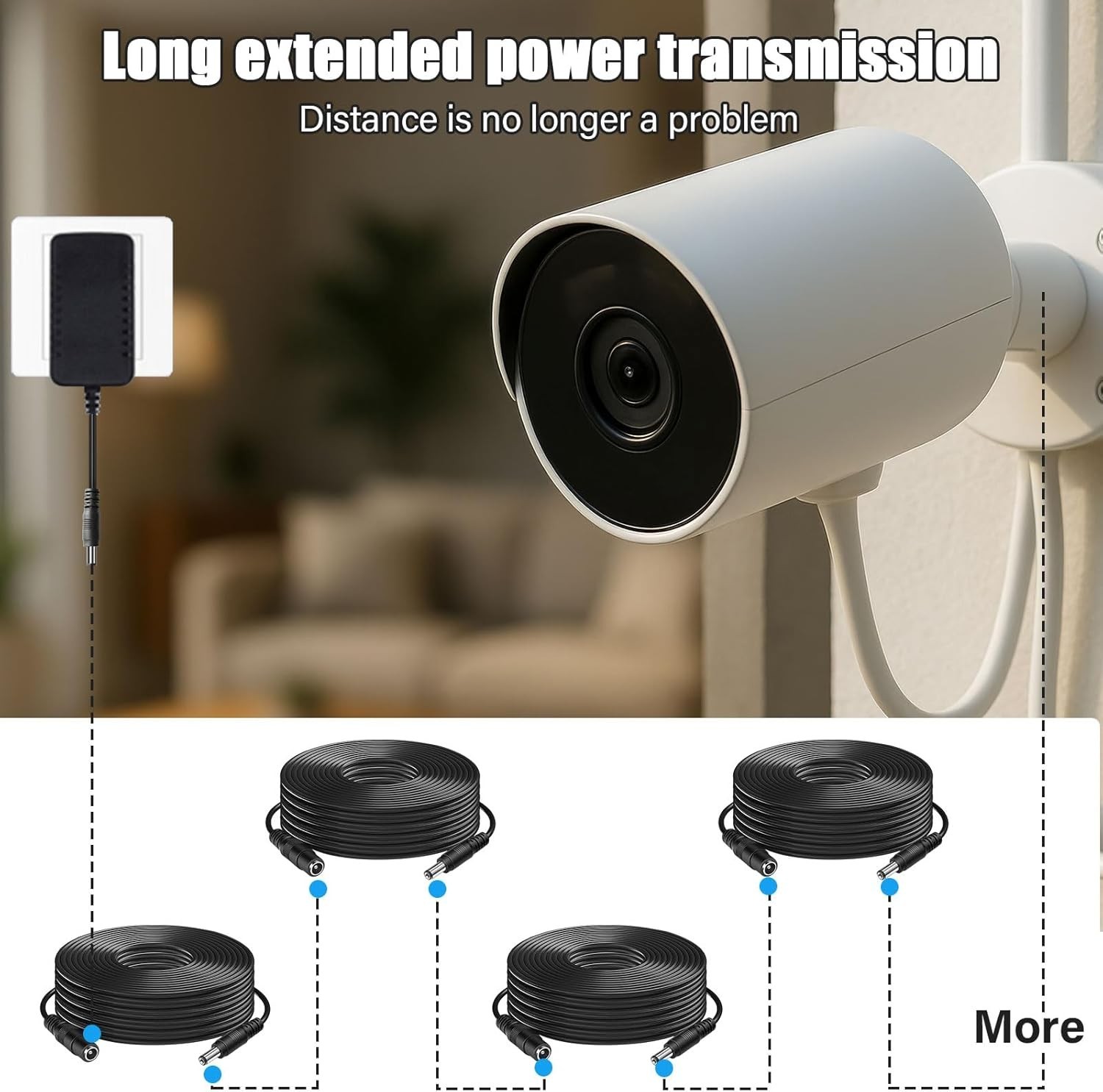 60ft Long 12V DC Power Extension Cable (10-Pack) for Security Devices