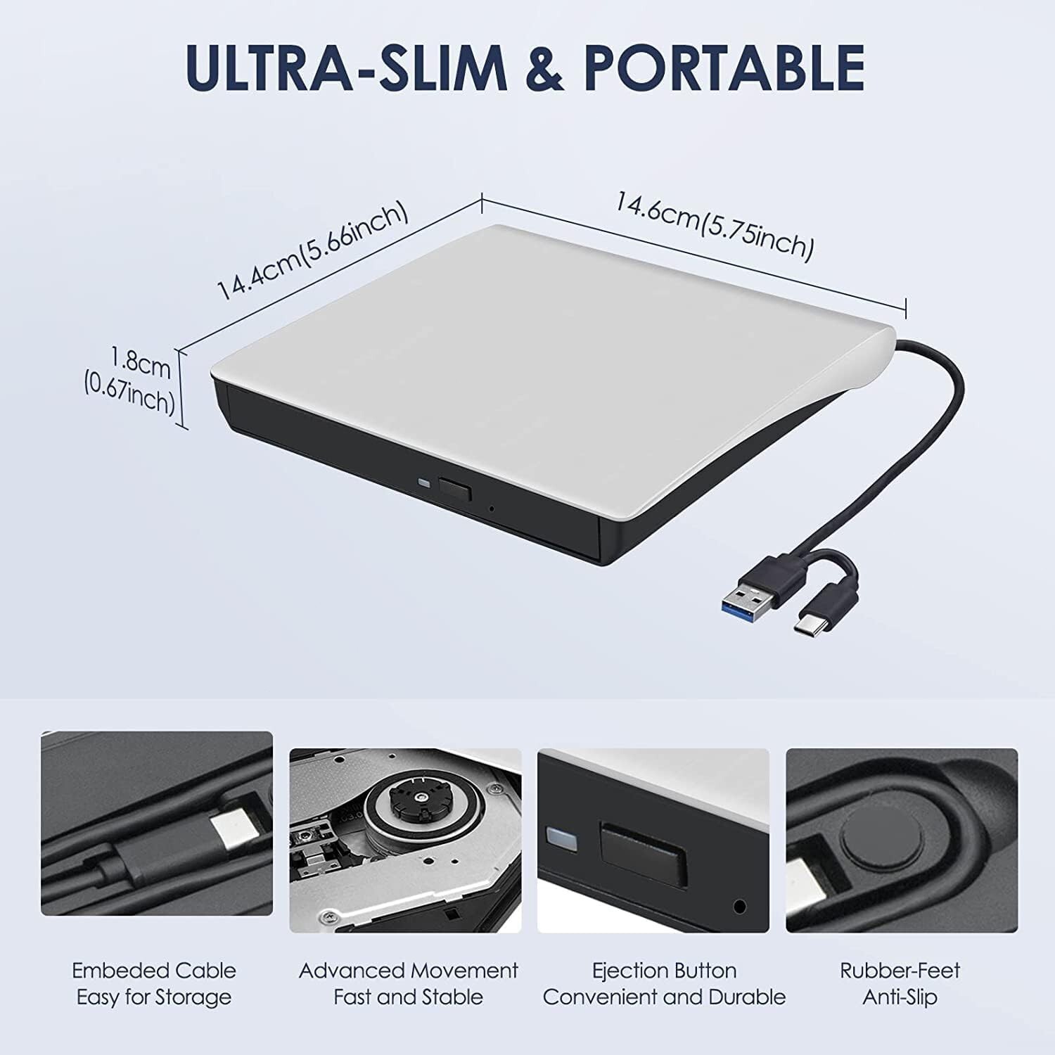Slim External CD DVD Drive USB 3.0 Disc Player Burner Writer For Laptop PC Mac