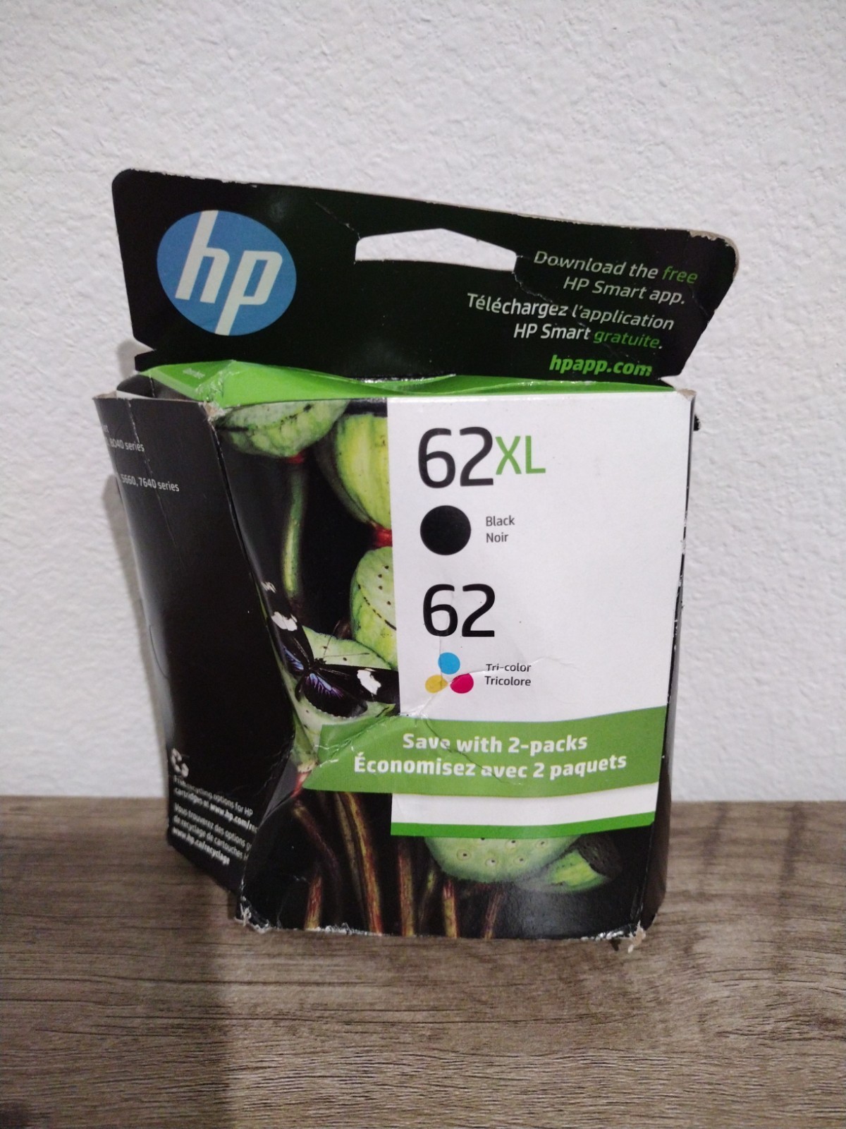 Genuine HP N9H67FN HP 62XL Black & HP 62 Tri-Color Combo Pack Exp 01/27 Box Dmg.