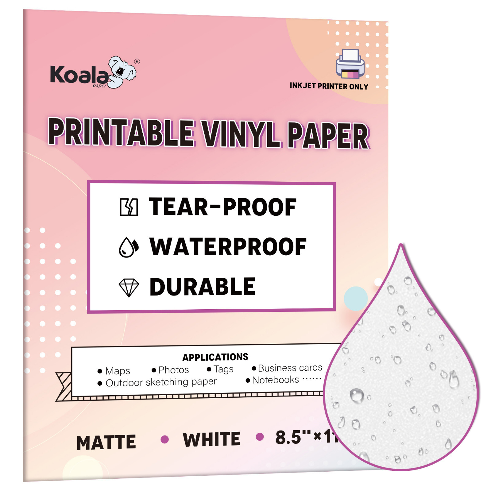 Koala Waterproof Printer Paper 8.5×11 Matte White Inkjet Printable Vinyl Sheets