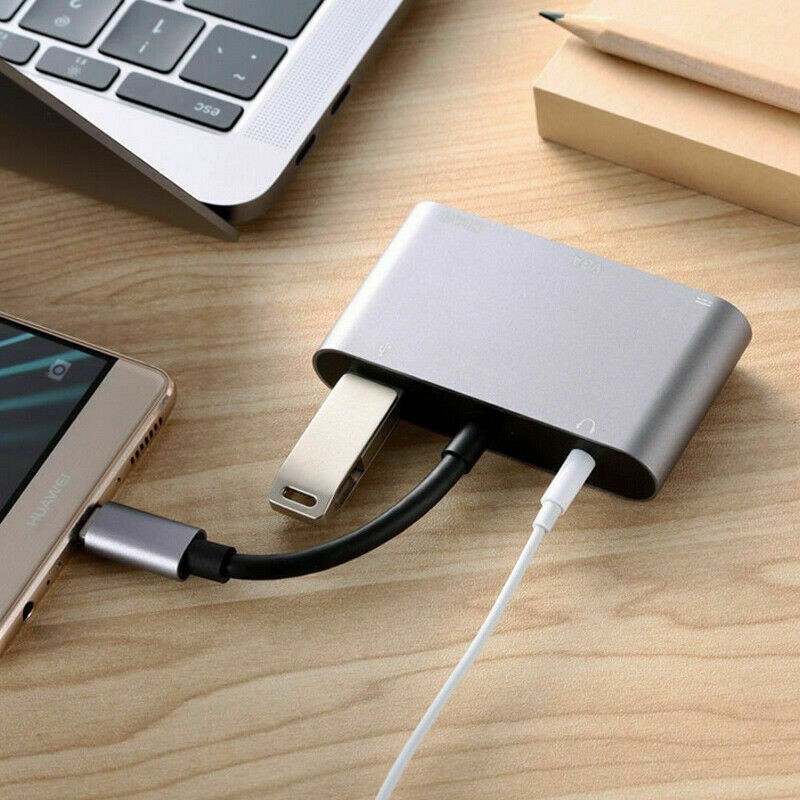 Type C to HDMI/VGA/USB 3.0/3.5mm Audio/USB-C PD Port Adapter 5 in1 Converter Hub