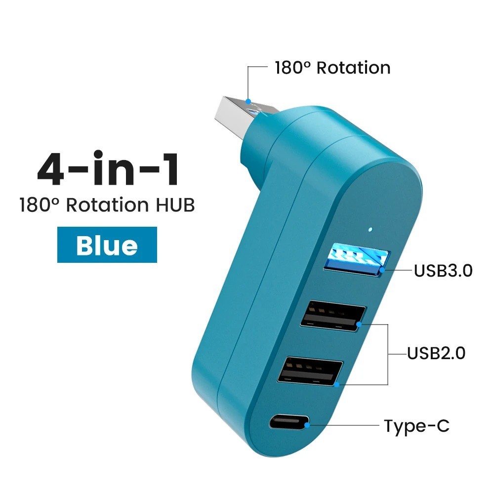 1pcs USB 3.0/2.0 Hub 4-Port: Rotatable Type-C High Speed Data Splitter Adapter