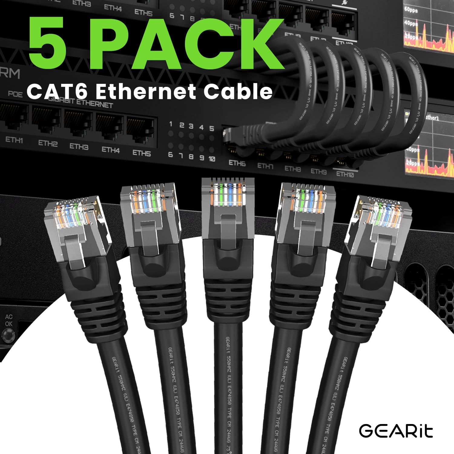 Black Cat 6 Ethernet Cable 5 FT 5 PCS RJ45 LAN Patch 10Gbps Snagless Connector