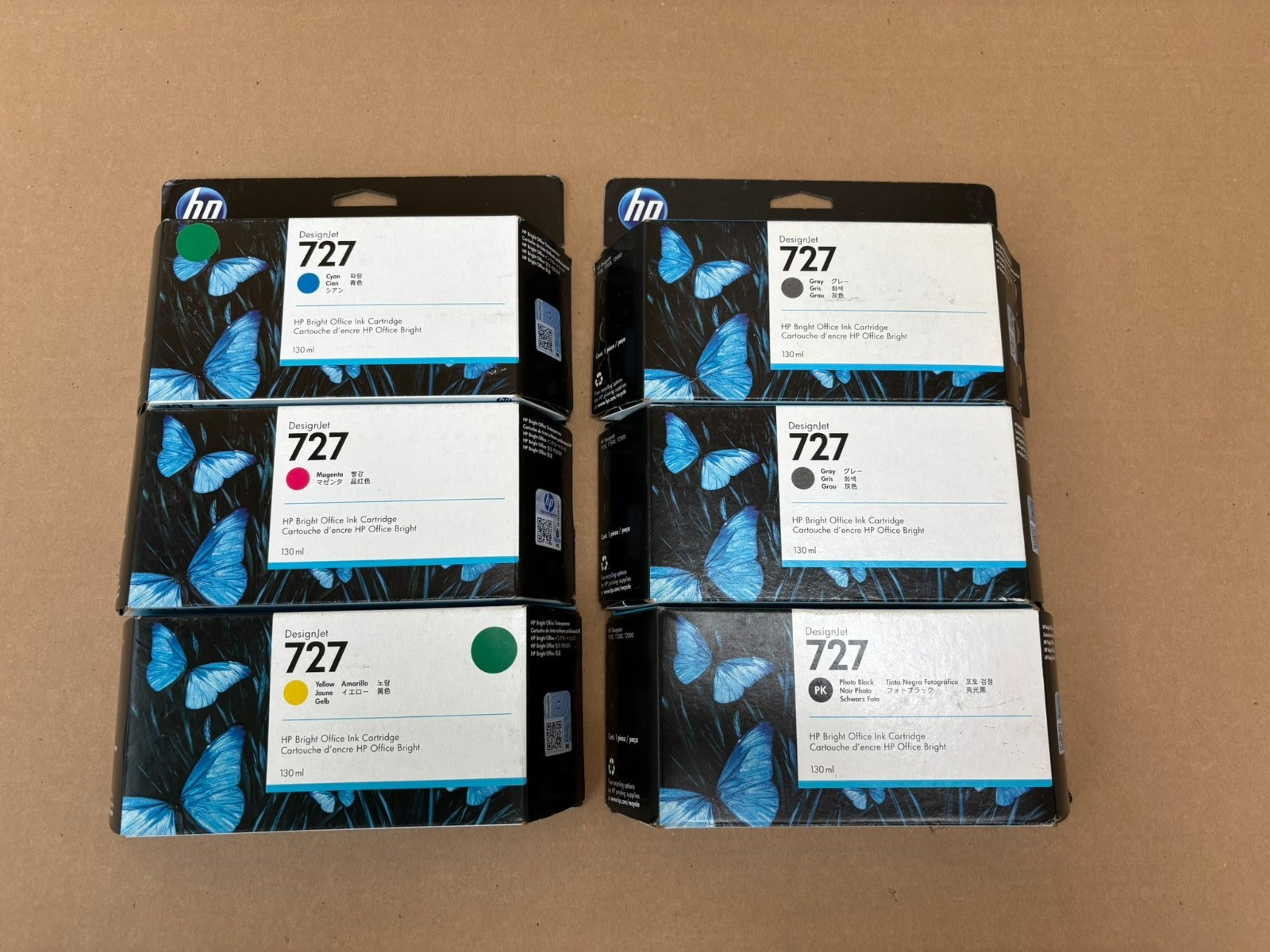 6 OEM HP 727 DJT900, T1500 C,M,Y,G,G,PK inks B3P19A,20A,21A,23A,24A (2021)