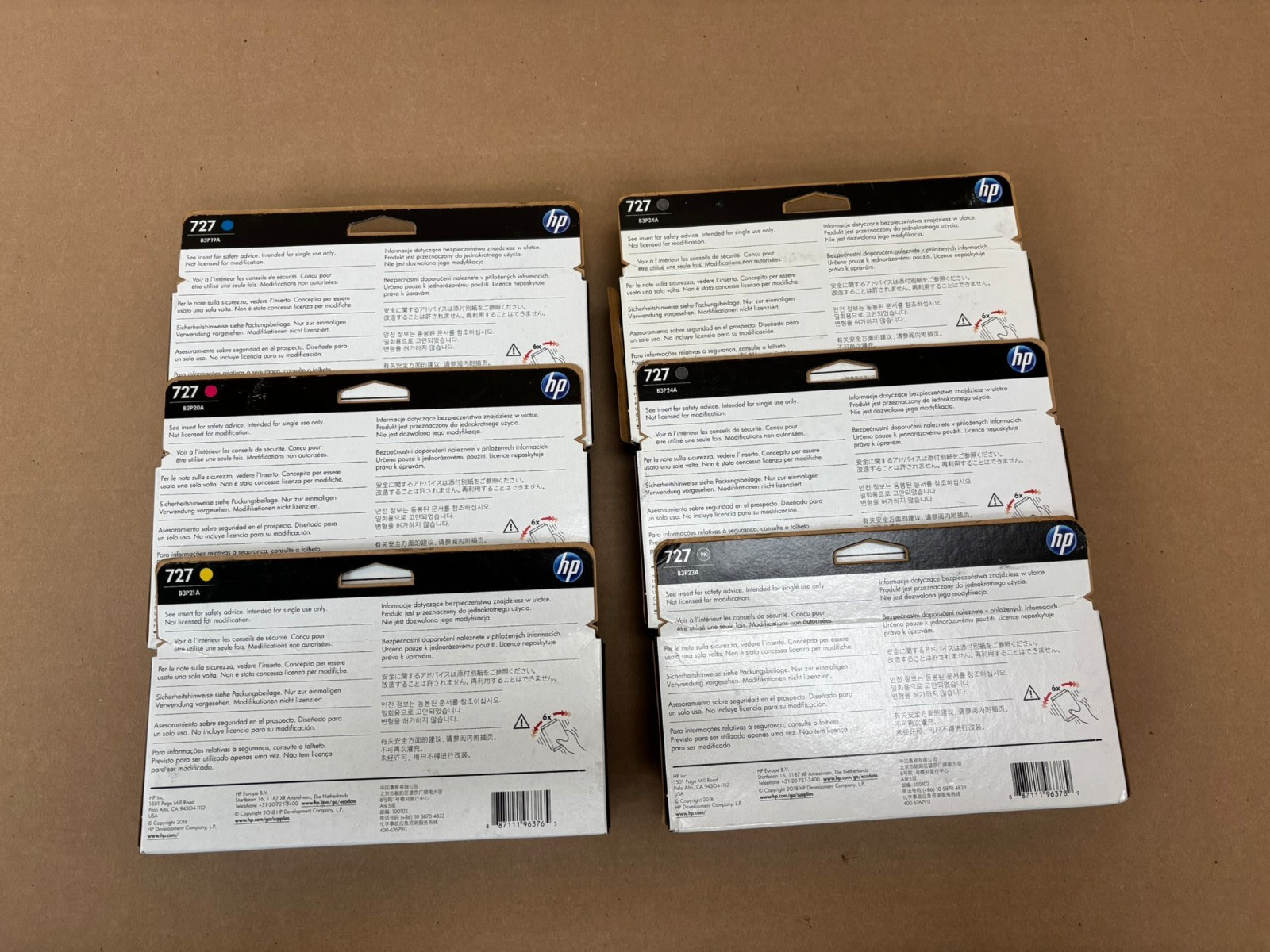 6 OEM HP 727 DJT900, T1500 C,M,Y,G,G,PK inks B3P19A,20A,21A,23A,24A (2021)