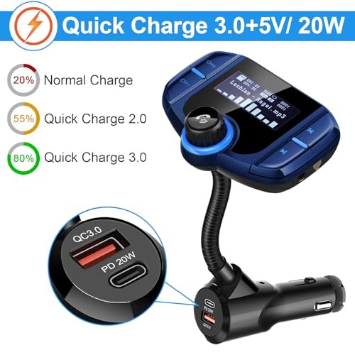 2026 Upgraded Wirelesstooth Car Adapter FM Transmitter, 1.7” LCD Blue PD