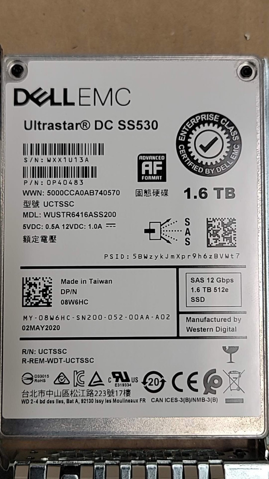 Dell 1.6TB SAS 12Gb/s 2.5in SSD 08W6HC 8WH6HC WUSTR6416ASS200 With Original Tray