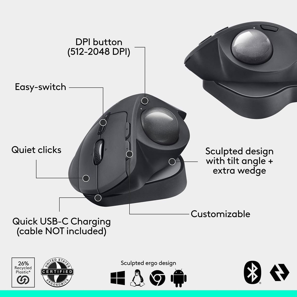 Logitech – MX ERGO S PLUS Wireless Ergonomic Trackball Mouse 910-007247