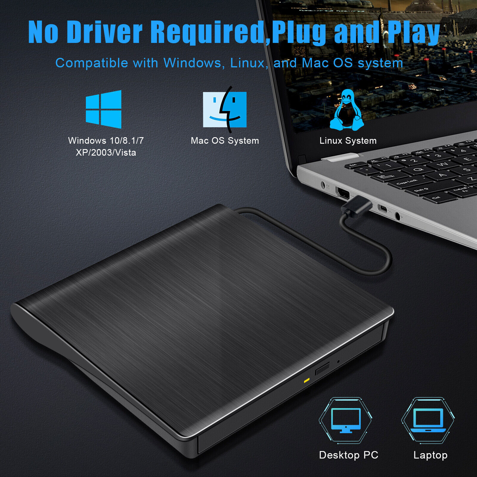 7 in 1 Slim External CD DVD Drive USB 3.0 USB C Disc Player Burner Writer Laptop