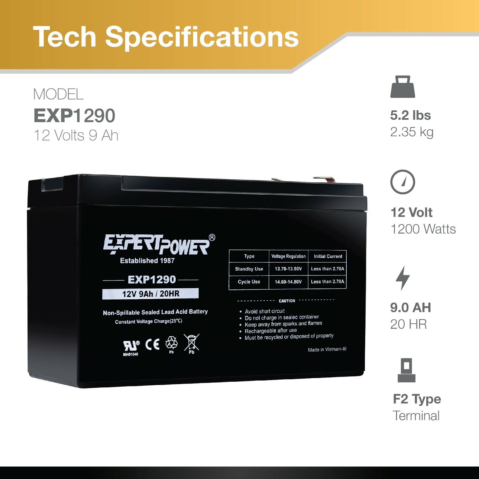 12V 9Ah SLA Backup Battery for APC, UPS, XS1500 ; replaces PS-1290 and RBC5 -2PK
