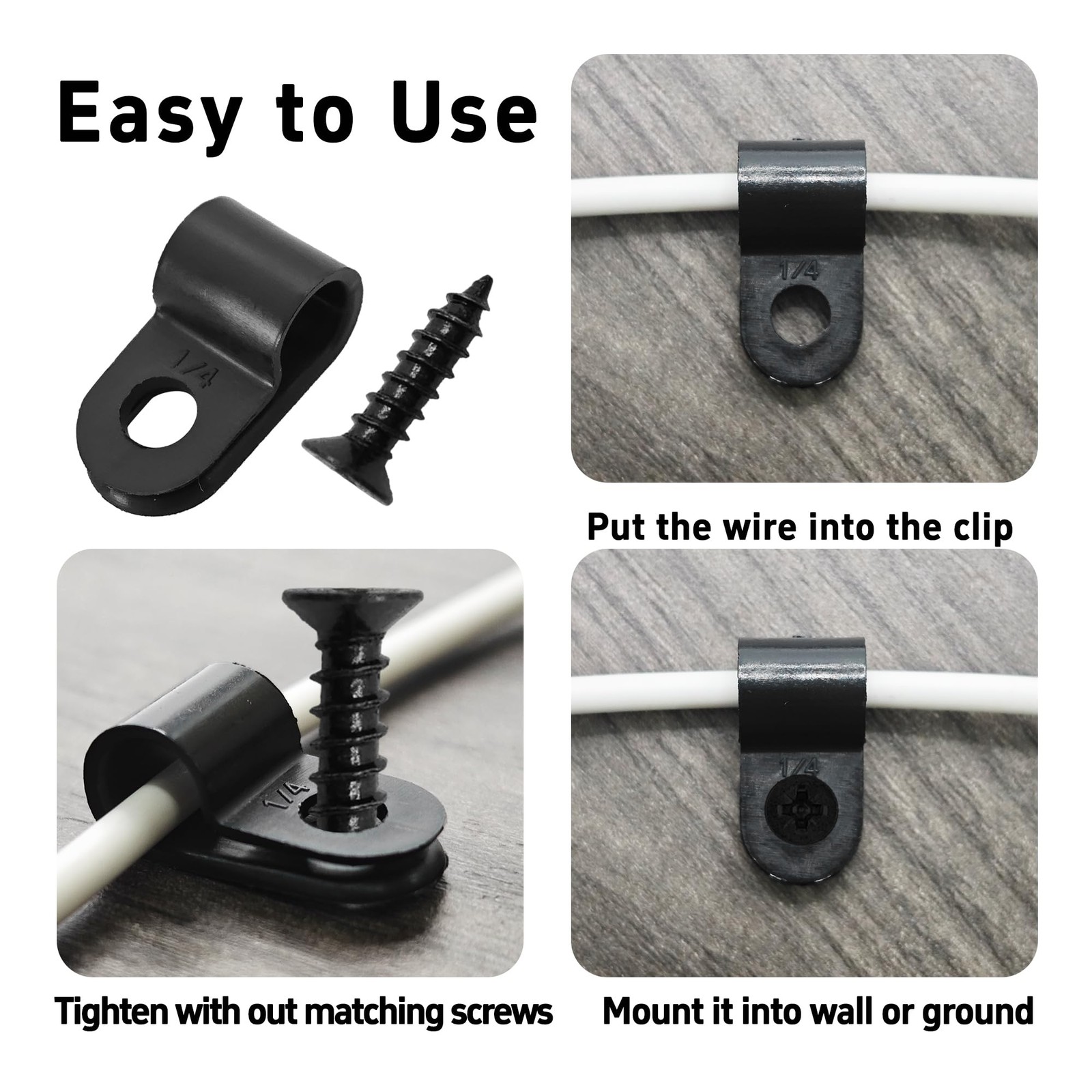 100 PCS RType Cable Clips 1/4″ Black Nylon Plastic Wire Clamps Screws Home
