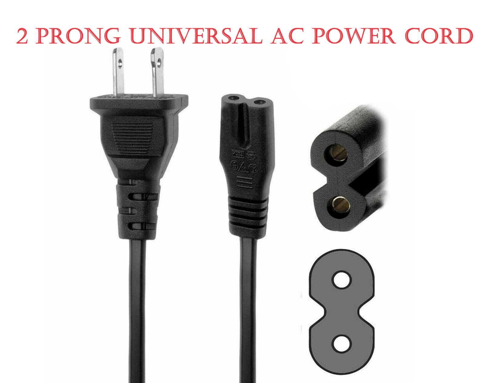 2 Prong None-Polarized Power Cord for Vizio LED TV Smart HDTV AC Wall Cable