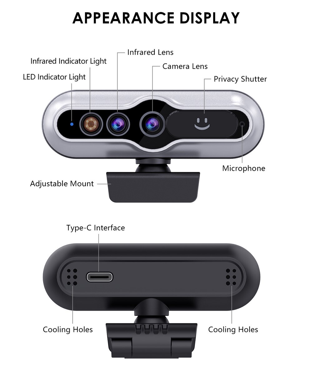 TOALLIN 2K Auto-Focus QHD Webcam Windows Hello Privacy Shutter w/Microphone New