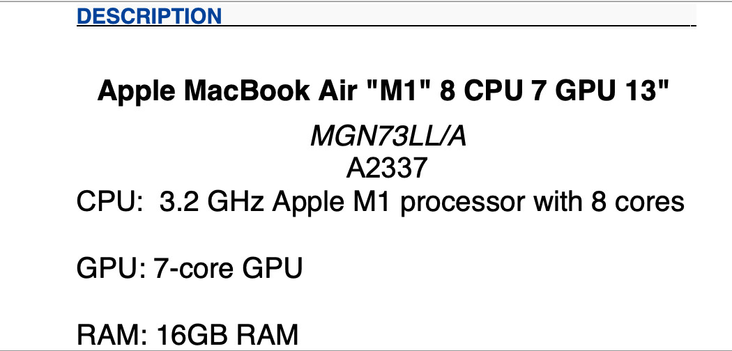 2020 Macbook Air Apple M1 8 CPU/ 7 GPU | 16GB RAM 256 SSD | Sonoma OS | A Grade