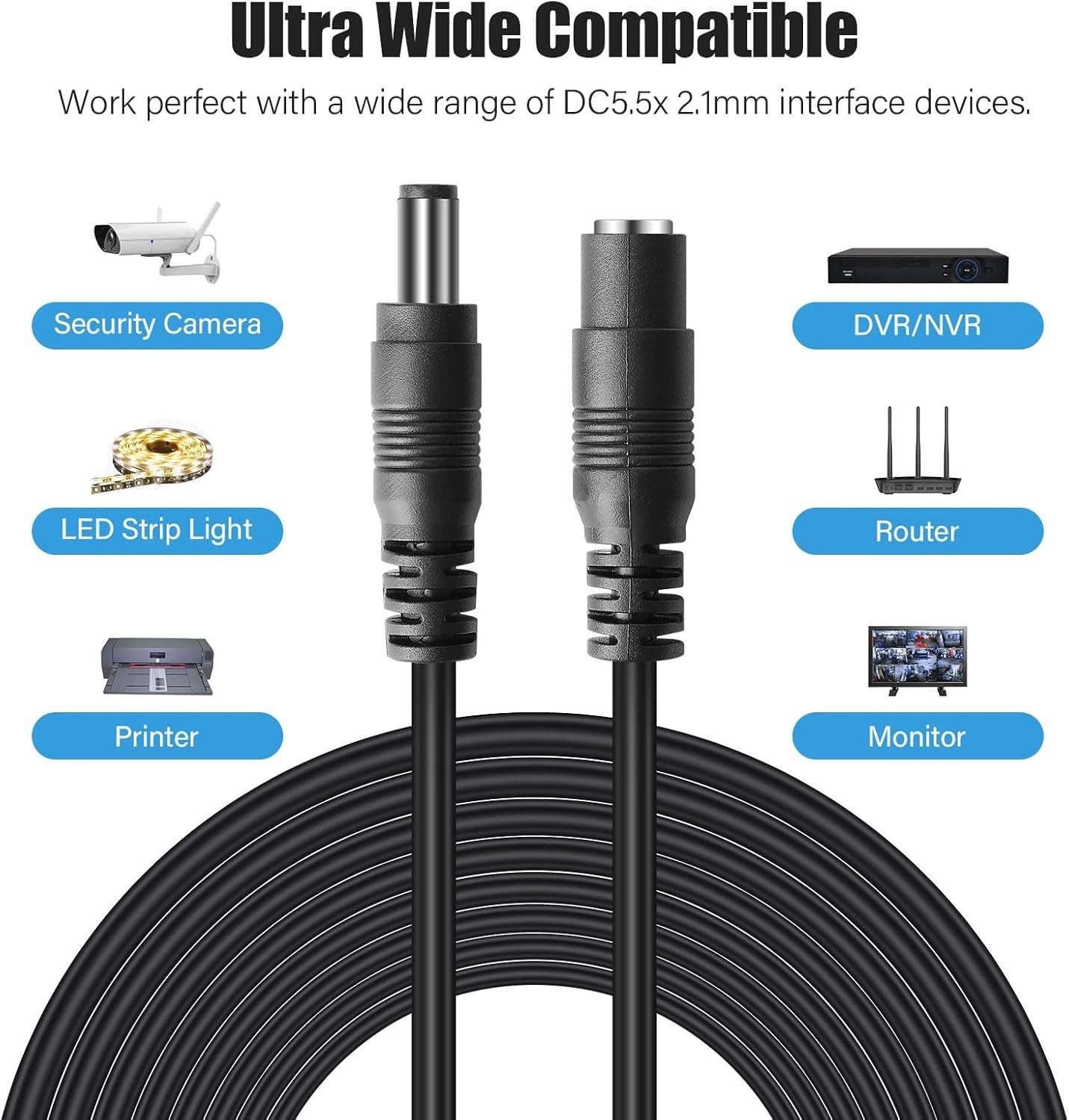 60ft Long 12V DC Power Extension Cable (10-Pack) for Security Devices