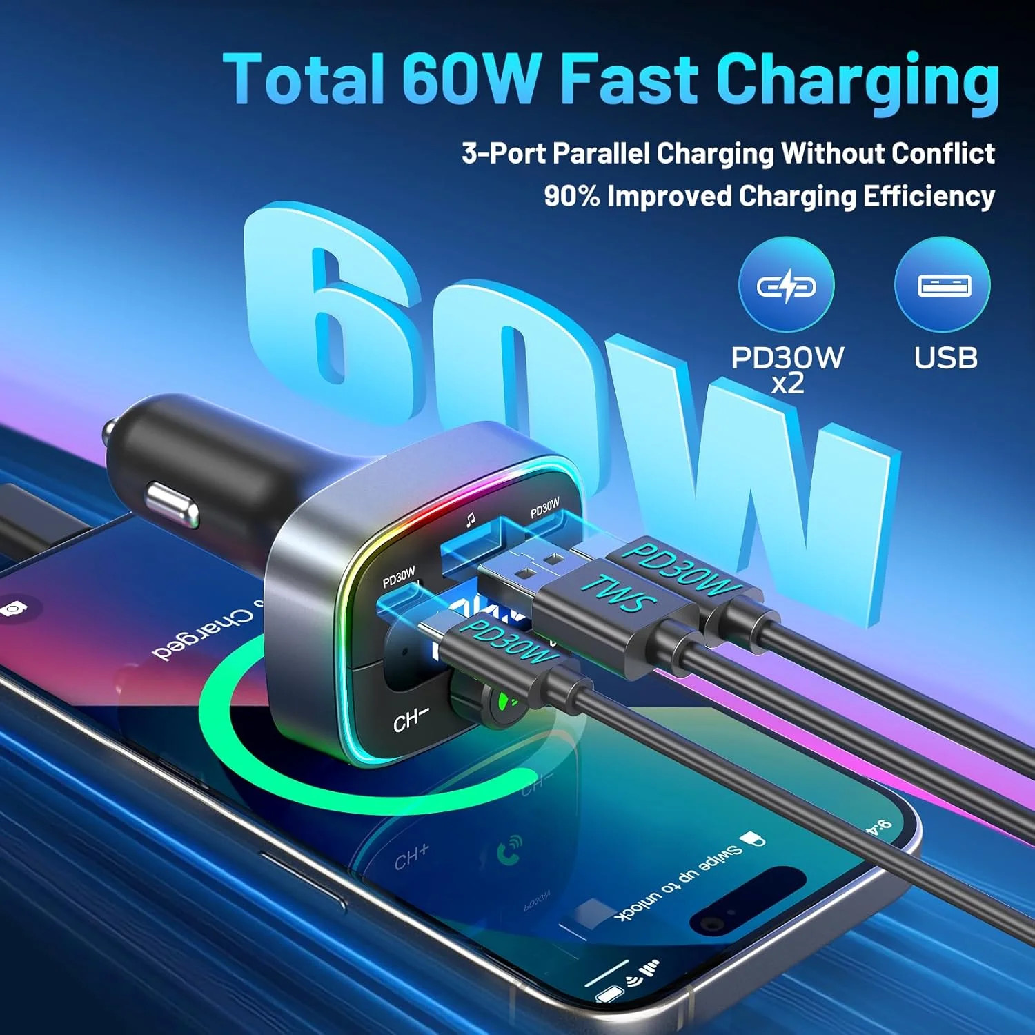 Bluetooth 5.4 Car FM Transmitter Adapter 60W Fast Charger Handsfree LED