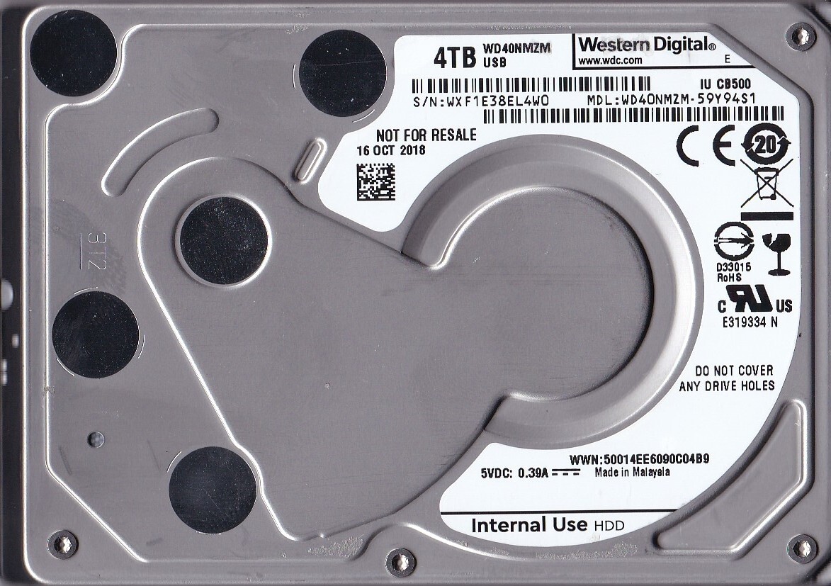 WD40NMZM-59Y94S1 s/n: WXF1E3 Malaysia OCT / 2018 4TB USB-C 2.5″ Western Digital